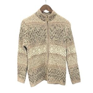 Coldwater Creek Cashmere Blend Zip Cardigan Small Tan Print Sweater Cozy Classic